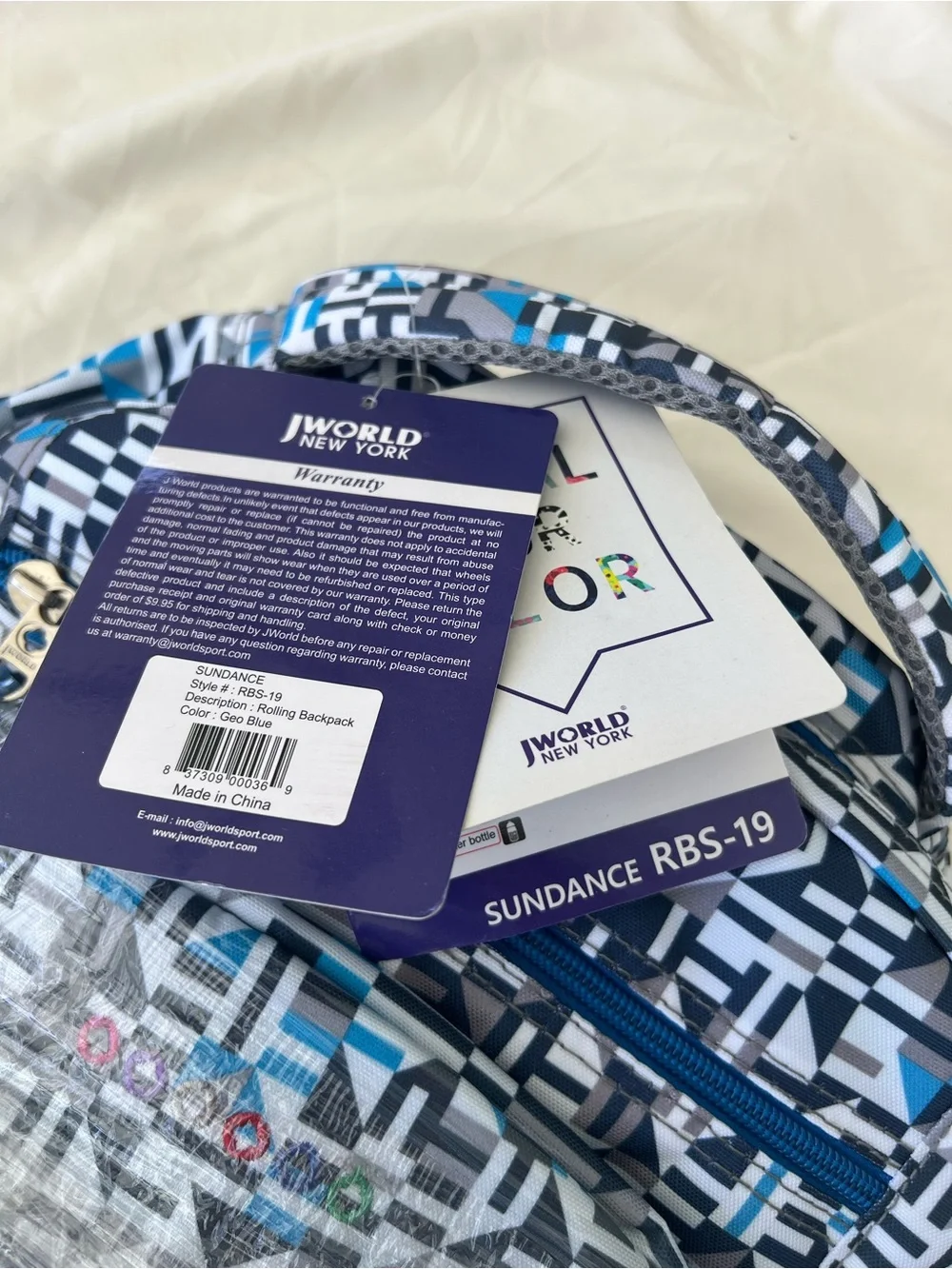 J World New York Sundance Rolling Backpack in Blue Geometric Print, NWT